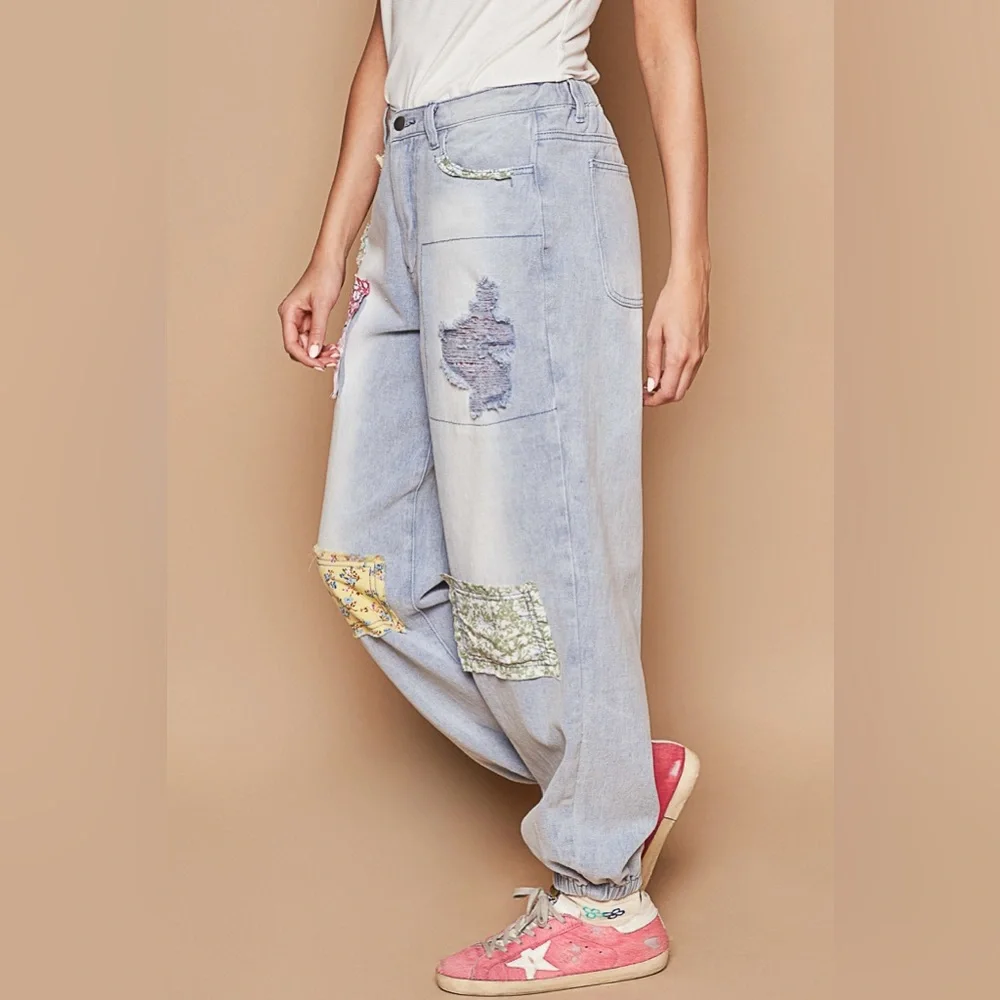 New! POL Colorful Patchwork Distressed Relaxed Fit Jogger Jeans - Picture 5 of 8
